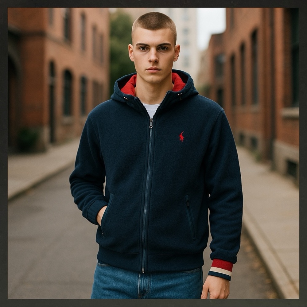 Ralph Lauren Polo Sport Polartec Fleece Jacket Navy Red Hooded Full Zip Men’s M